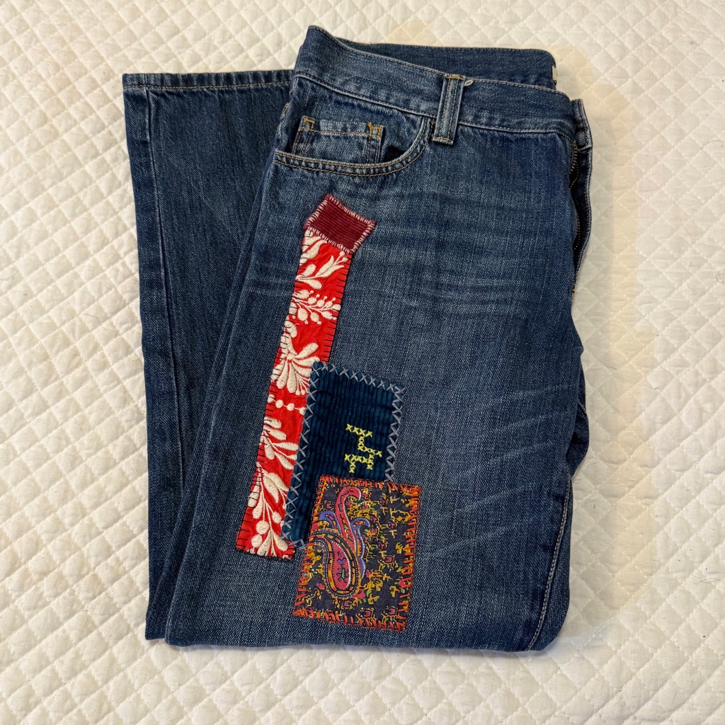 Cabi Dark Blue Denim Jeans With Red & Multicolor Patchwork